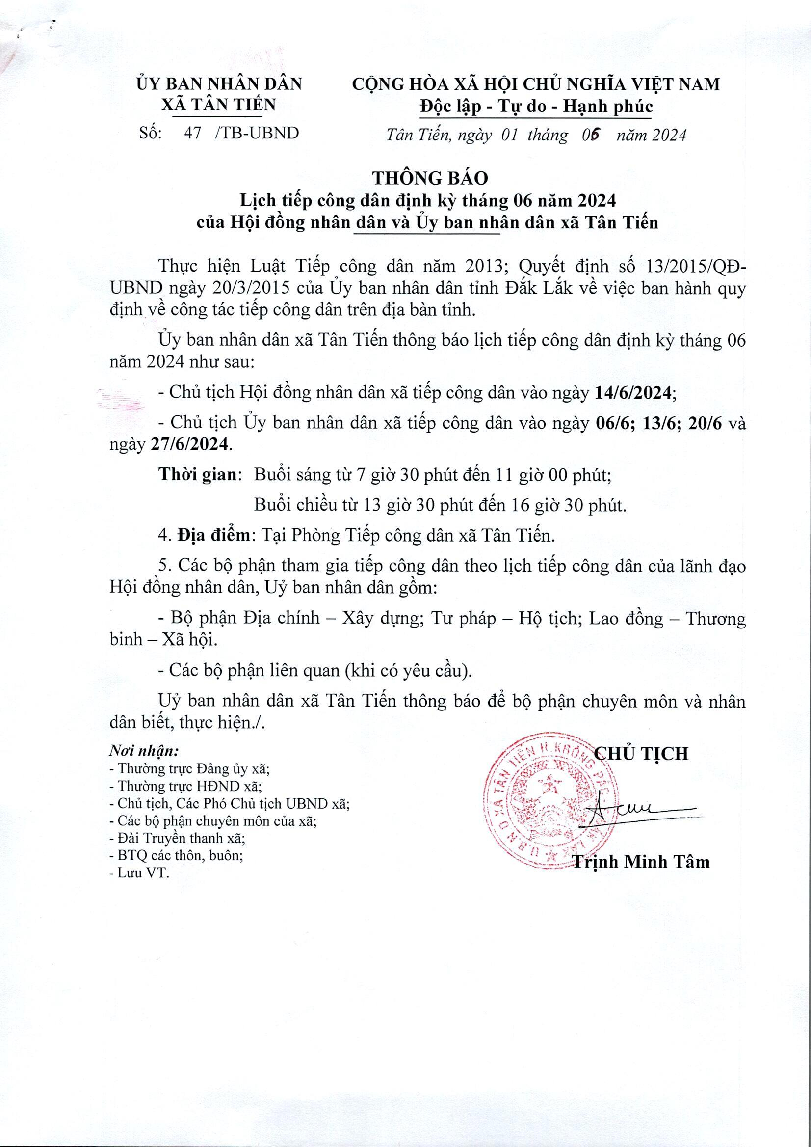 LỊCH TIẾP CÔNG DÂN THÁNG 6/2024