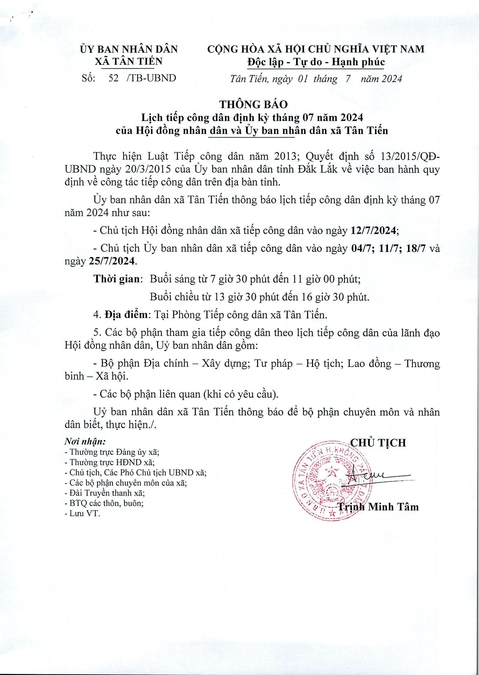 LỊCH TIẾP CÔNG DÂN THÁNG 7 NĂM 2024
