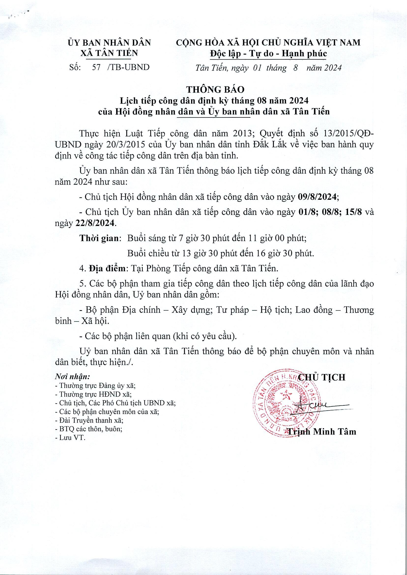 LỊCH TIẾP CÔNG DÂN THÁNG 8 NĂM 2024