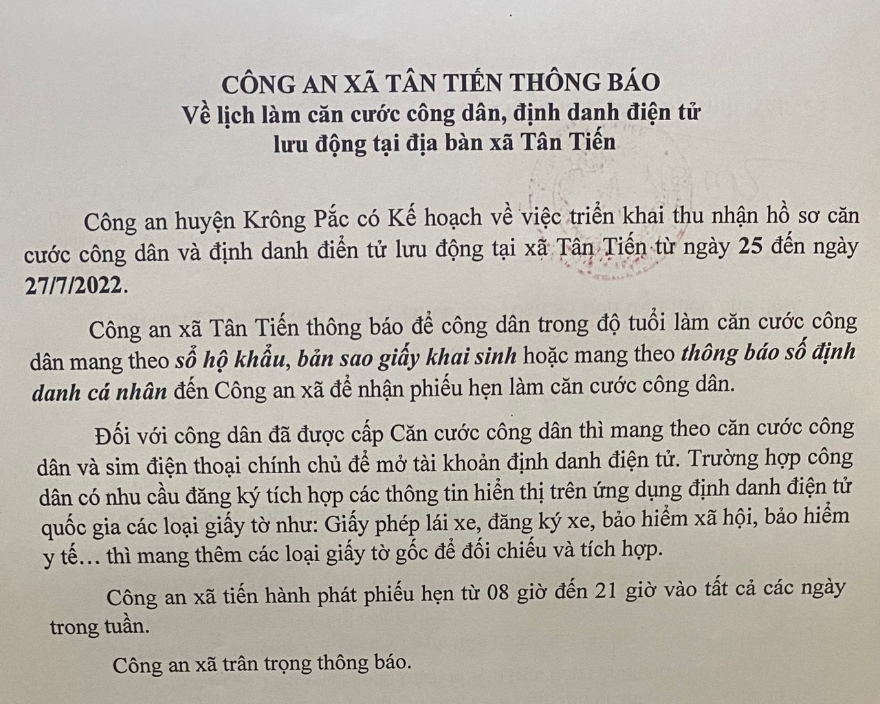 LỊCH LÀM CCCD TRÊN ĐỊA BÀN XÃ TÂN TIẾN