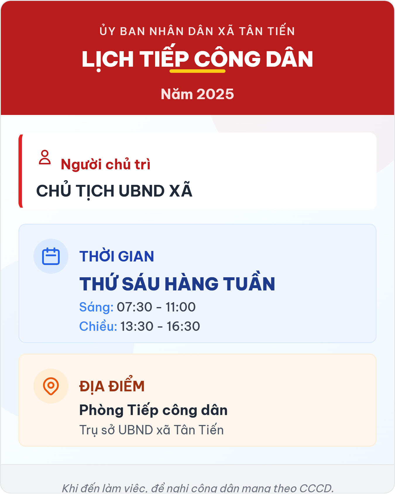 📢 THÔNG BÁO: LỊCH TIẾP CÔNG DÂN ĐỊNH KỲ CỦA CHỦ TỊCH UBND XÃ TÂN TIẾN NĂM 2025